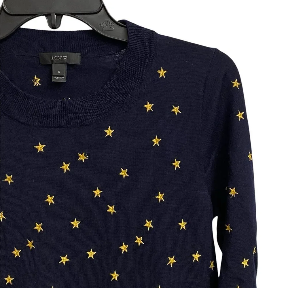 J. Crew Star Embroidered Merino Wool Sweater Women's S Navy Lightweight Preppy